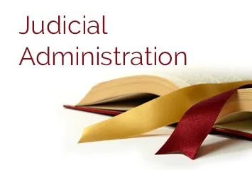 An open book with a bookmark is used to symbolize Judicial Administration and oversight.